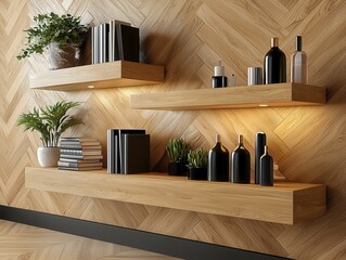 Elevate your interior with floating wooden bookshelves, blending form and function Explore minimalist design inspiration showcasing neatly arranged books, plants, and decorative objects Discover