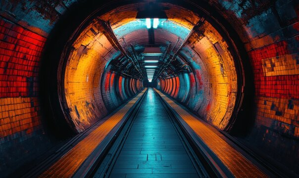 Fototapeta Vibrant underground tunnel with colorful lighting at dusk