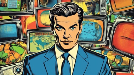 TV news anchor in a colorful, comic book-style illustration. Vintage pop art with a retro feel, representing the concept of news media. 