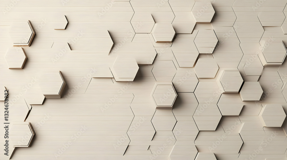 Poster three-dimensional wooden hexagonal pattern on a light wood background with soft lighting