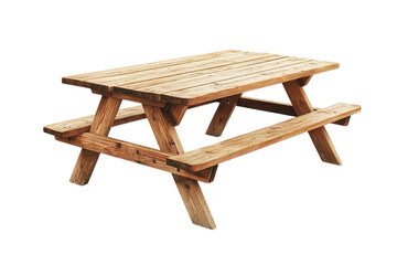 Wooden picnic table beautifully designed for outdoor gatherings in serene garden space isolated on transparent background