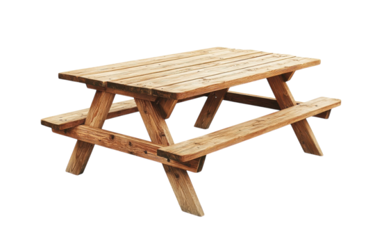 Wooden picnic table beautifully designed for outdoor gatherings in serene garden space isolated on transparent background