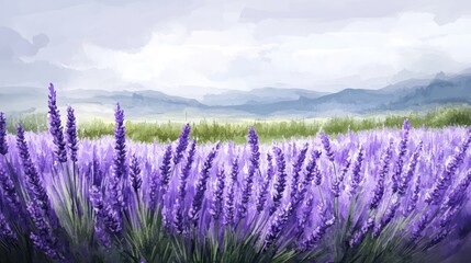 A beautiful lavender field stretches towards distant blue mountains gently
