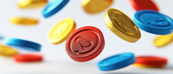 Colorful Tokens Floating Against A White Background in Mid-Air Motion