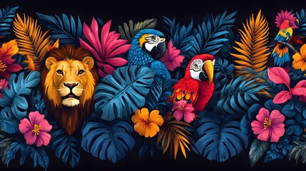 Fototapeta premium a vibrant and colorful illustration of a lion, parrots, and tropical flowers and leaves in a jungle scene. This artwork would be a beautiful piece of art.