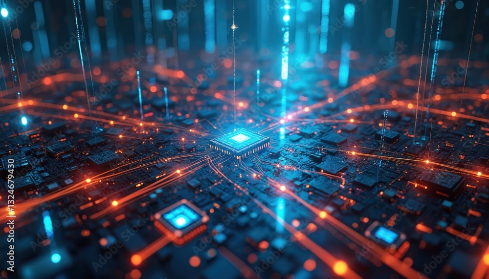 Poster Advanced microchip electronic circuit board with orange lines. Metaverse, blockchain network connecting. Quantum computer processor, modern tech science design, information. Global graphic light
