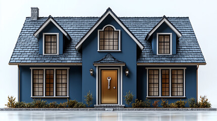 Blue cottage style house with dormers and golden front door