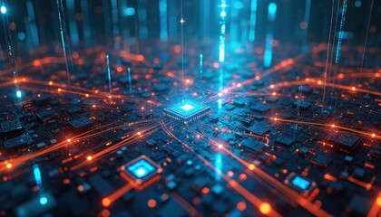 Obraz premium Advanced microchip electronic circuit board with orange lines. Metaverse, blockchain network connecting. Quantum computer processor, modern tech science design, information. Global graphic light