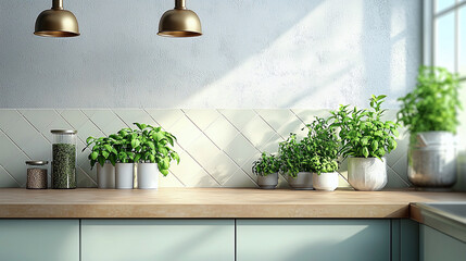 Modern kitchen with potted herbs and sunlight streaming through window