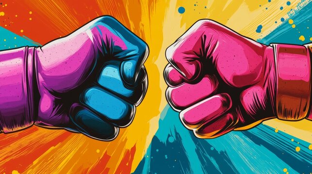 Vibrant rock, paper, scissors hand game design in the iconic pop art style 