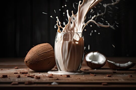 A Glass of Chocolate Milk with Coconut and Chocolate Pieces