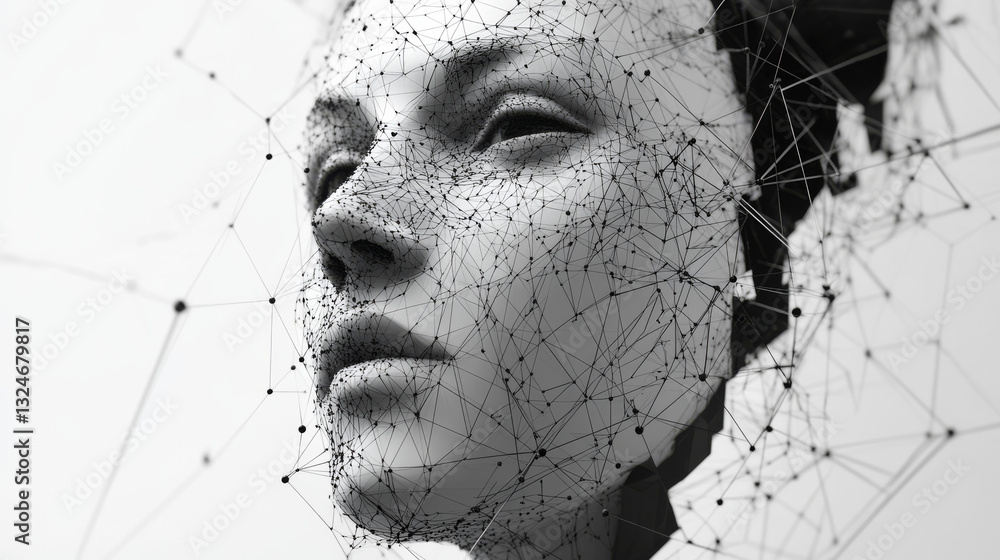 Poster face recognition low poly wireframe banner vector template. futuristic computer technology, smart id