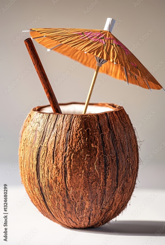 Poster refreshing coconut drink with colorful straw and umbrella for summer vibes on a bright background