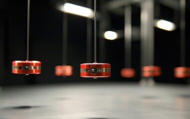 Red Cylindrical Objects Suspended Against Dark Background