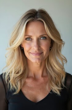 Front studio portrait of 46 yo blond woman. Female model looks at camera smiling. Soft shadows, professional color grading, light transparent background. Beauty, fashion and lifestyle photo.