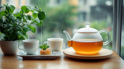 Fototapeta premium transparent teapot with tea, two cups and green plant stand on table against rain outside window, asian style