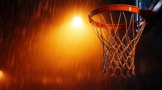 A basketball hoop illuminated by warm streetlight during a rainstorm at night
