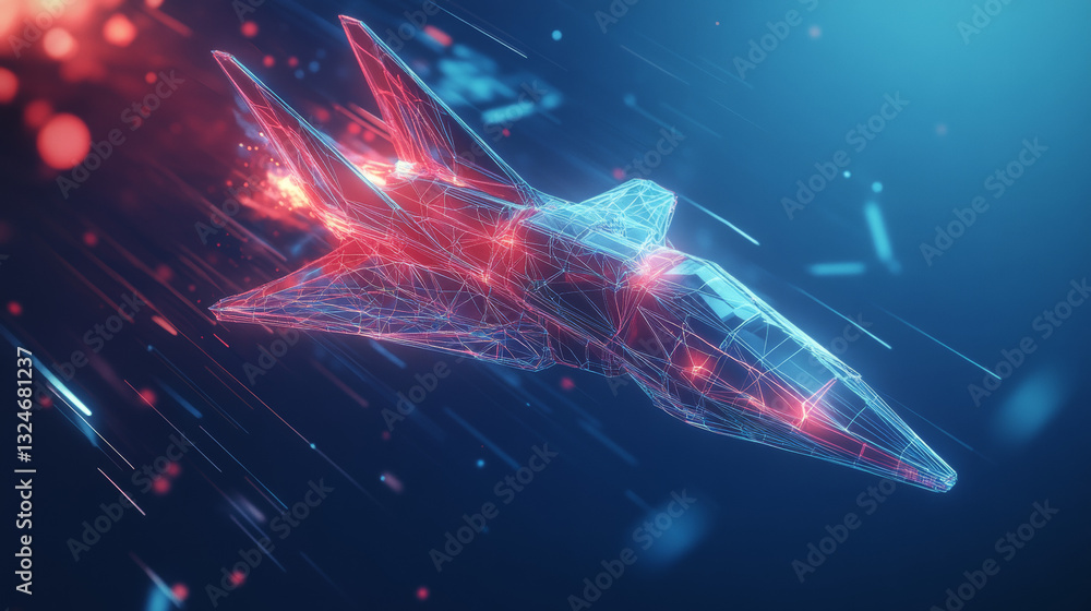 Poster abstract digital rocket on technology blue background. futuristic spaceship consists of polygons, co