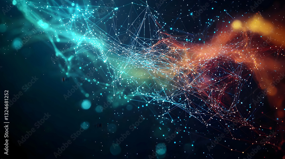 Poster dynamic abstract background with colorful particles and light effects in blue orange and red on a da
