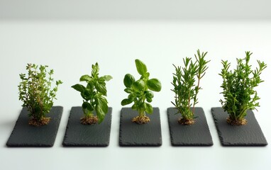 Five Small Potted Plants Showing Growth Stages on Slate Bases