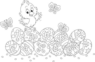 Fototapeta premium Easter card with a happy little chick waving in greeting on painted gift eggs and butterflies fluttering merrily around, black and white outline vector cartoon illustration for a coloring book