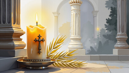 Graceful candle illuminating sacred cathedral, spirit of Palm Sunday, Watercolor style