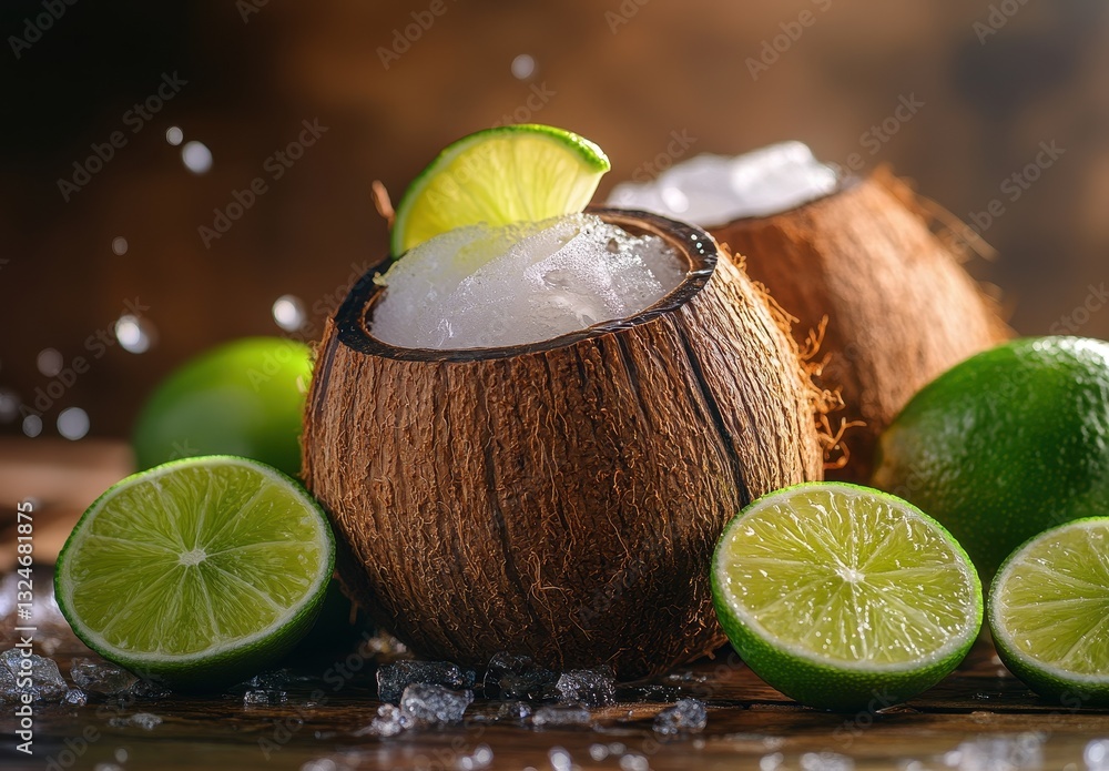 Poster refreshing coconut drink with lime slices and crushed ice on rustic wooden surface with splashing wa