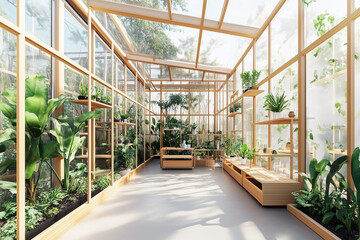 Greenhouse filled with plants and a wooden bench