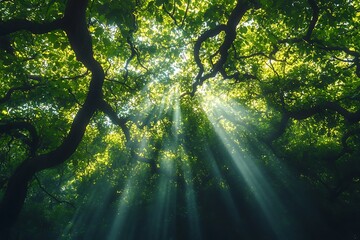 Fototapeta premium Sunbeams shining through the canopy of a green forest