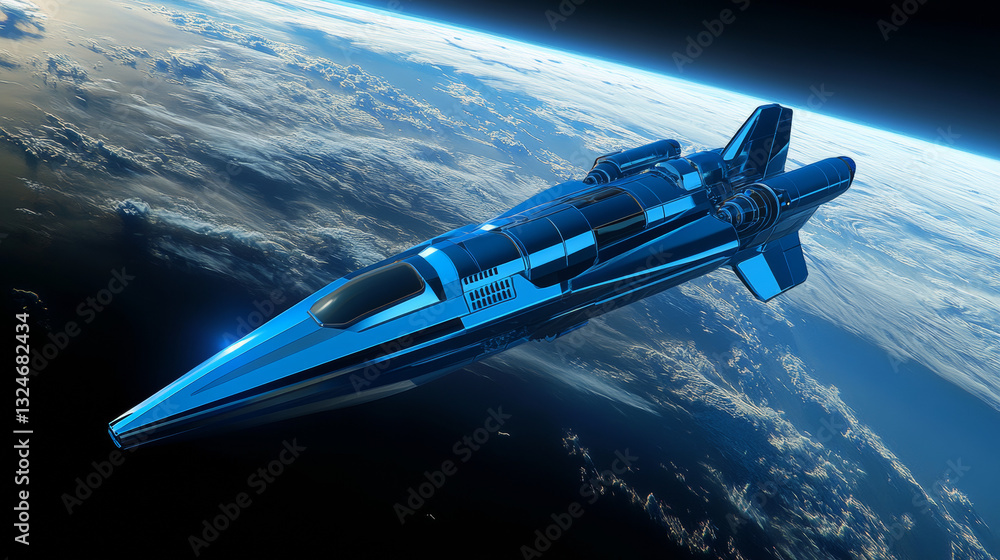 Poster digital rocket flies in orbit of planet earth. abstract light blue technological background. spacesh