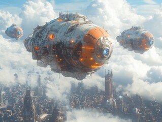 A fleet of futuristic spaceships soars above a sprawling, cloud-shrouded cityscape in a breathtaking display of advanced space travel and architectural marvel.