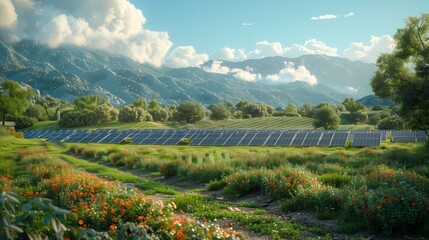 Scenic Green Landscape with Solar Panel Farm and Mountains in the Background