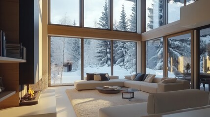 Fototapeta premium A modern living room overlooks a snowy winter landscape scene