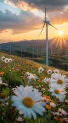 Scenic Landscape of Blooming Daisies and Rolling Hills with Renewable Wind Energy