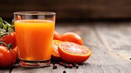 A vibrant glass of fresh tomato and orange juice beside ripe tomatoes and a halved orange, showcasing a delightful blend of colors and freshness in a rustic setting.