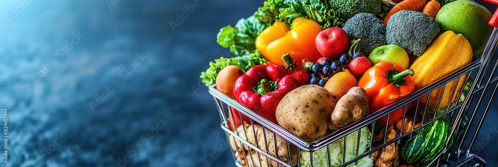Poster fresh fruits and vegetables fill a modern shopping cart in a bright, minimalist setting with soft li