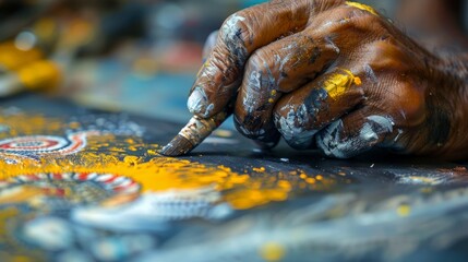 A person carefully painting traditional Aboriginal artwork in Australia conveying cultural heritage