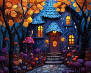Fototapeta premium Enchanting Whimsical Autumn Fairytale Scene with Hand-Drawn Magical Creatures and Glowing Leaves A captivating illustration of a charming cottage nestled within a fantastical autumn forest, adorned