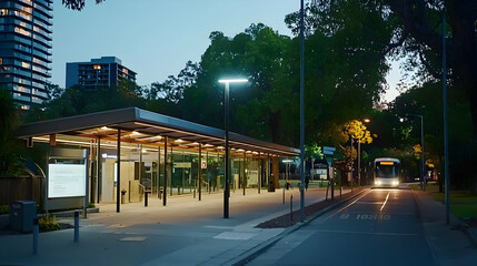 Bus Station at Night with Illuminated Lights along Roadway and Buildings in the background