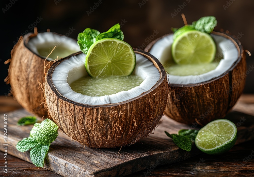 Poster refreshing coconut lime drink in natural coconut shells with mint garnish and fresh lime slices on r