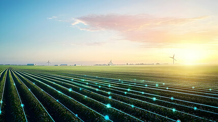 Illuminated Field Rows Under Sunrise Sky Highlighting Modern Agricultural Technology in Rural Landscape