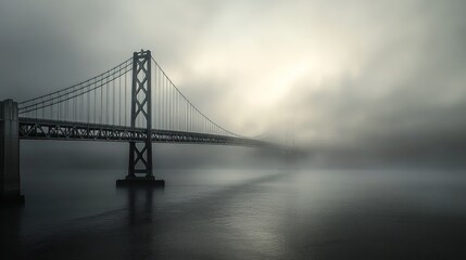 Obraz premium A suspension bridge stretches across the water through thick fog