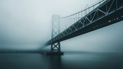 A suspension bridge disappearing into a dense swirling fog