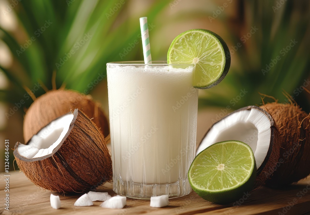 Poster refreshing coconut lime smoothie in glass surrounded by halved coconuts and fresh lime slices on woo