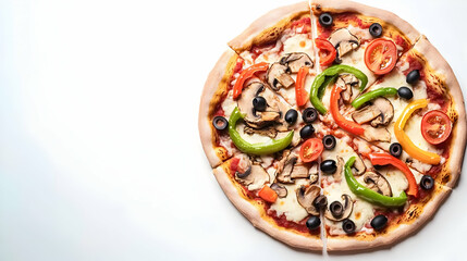 Delicious Vegetarian Pizza With Colorful Vegetables and Melted Mozzarella Cheese on a White Background
