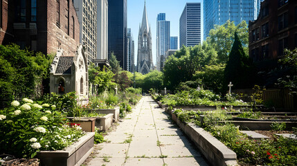 Urban Oasis Cemetery Pathway Framed By Lush Green Vegetation And Modern City Buildings Under Sunny Skies