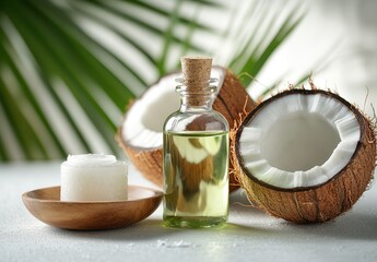 Refreshing Coconut Oil Bottle with Sliced Coconut and Natural Soap on Light Surface Surrounded by Green Leaves for Wellness and Beauty Concepts