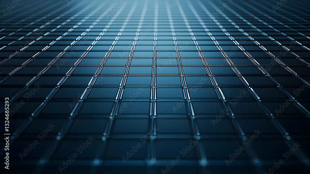 Poster abstract blue geometric grid pattern with metallic surface and digital technology concept