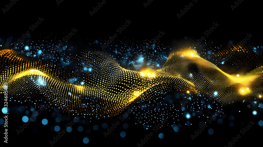 Poster abstract digital particle wave with glowing blue and yellow dots on black background