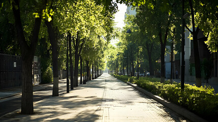 Obraz premium Lined Green Trees Creating An Alley With Light and Shadow On A Paved City Path